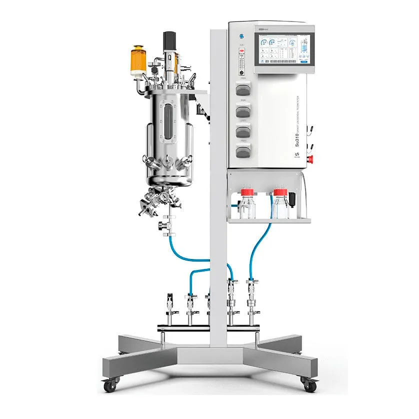Biorreactor SU310 de acero inoxidable, compacto y versátil, con capacidades de 10L, 30L y 50L. Ideal para biofarmacia, bioquímica y cultivo celular.